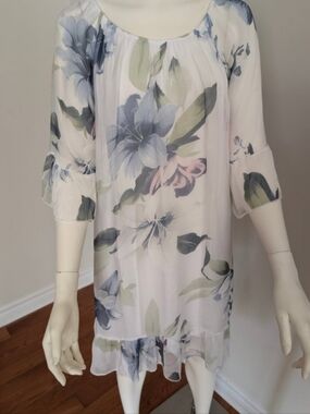 New - Silk Blend Floral Chiffon Shift Dress in Soft Pastels